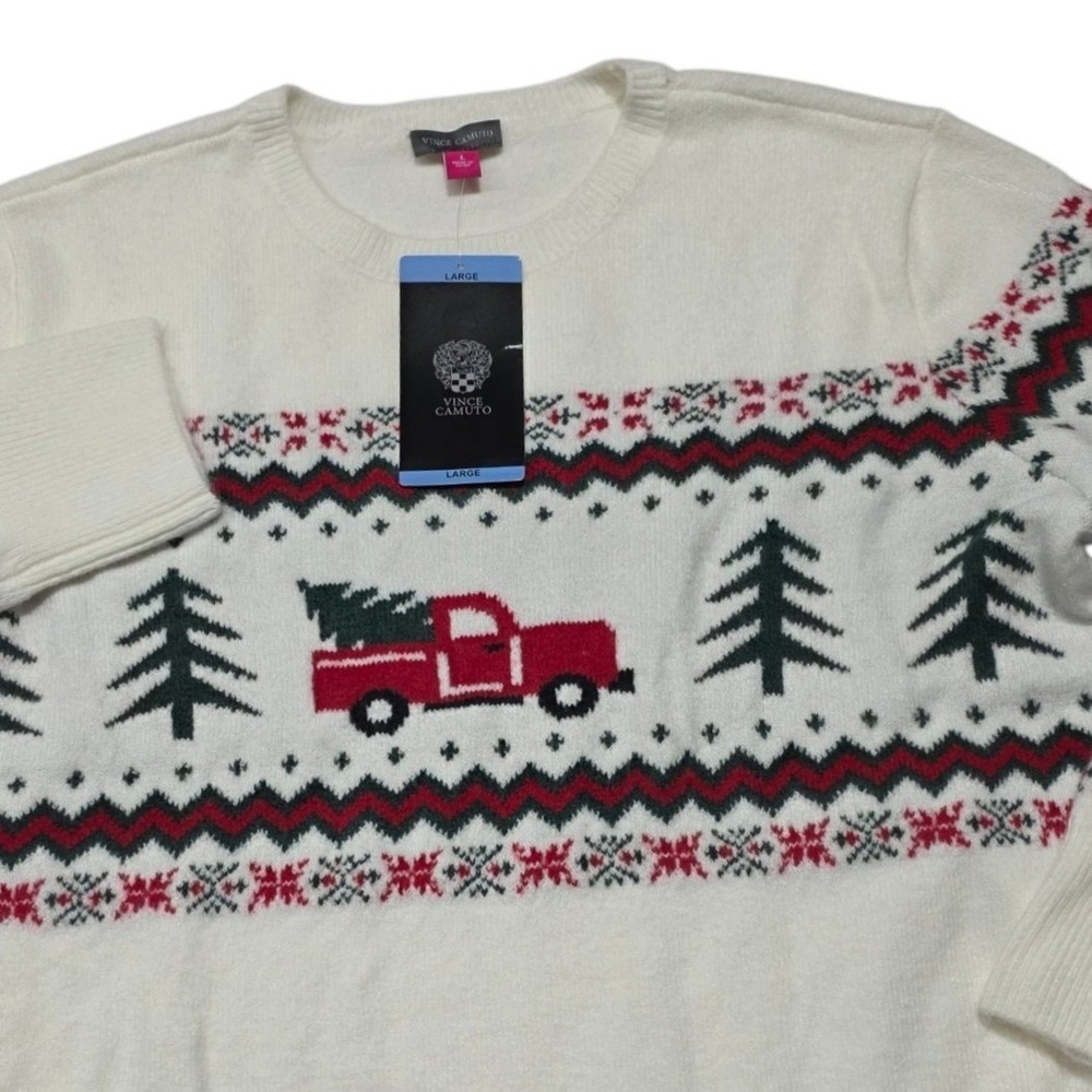 Vince Camuto Holiday Sweater Womens Large Cream Red Truck Fair Isle SV7765200
